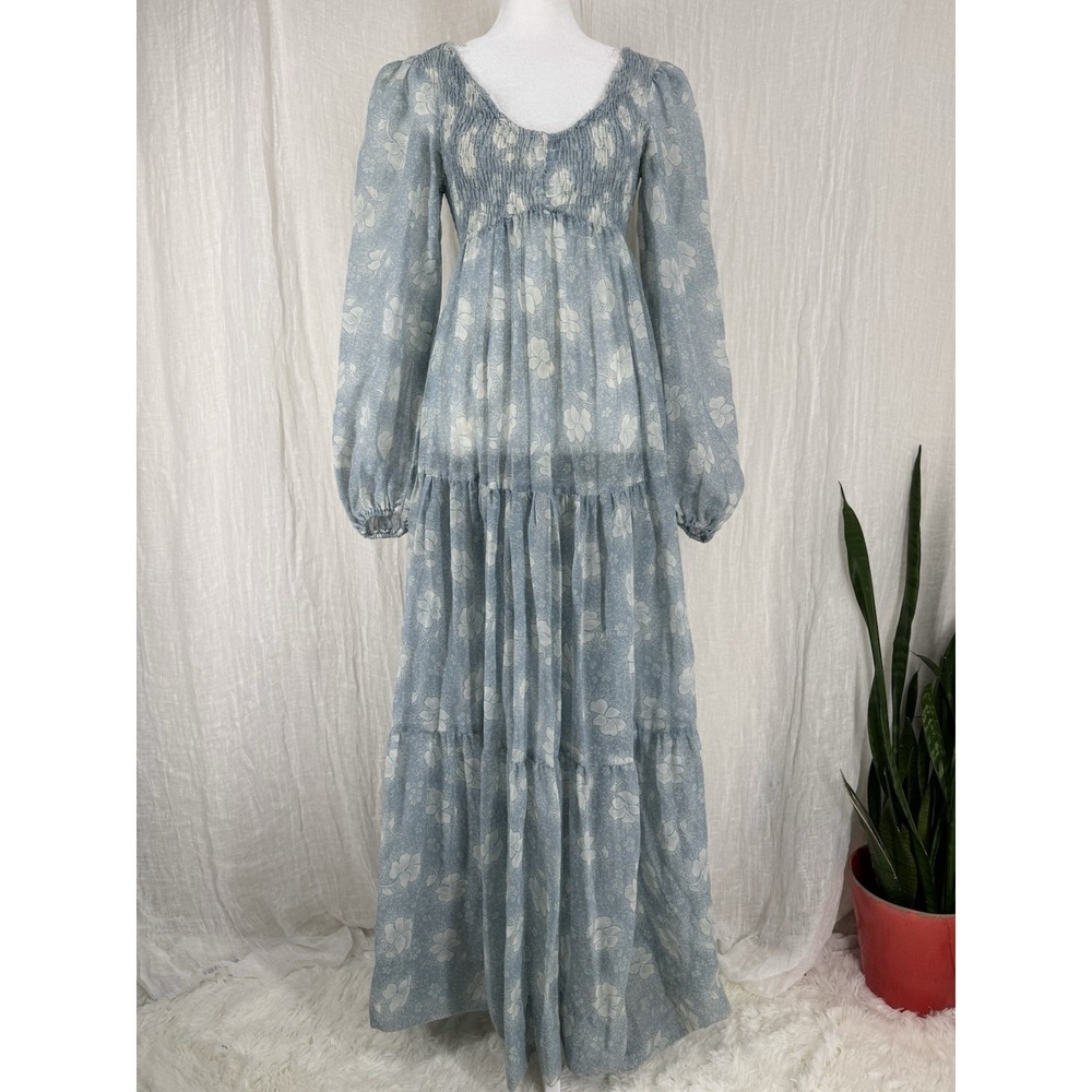 Vtg 70s Jack Kramer Floral Praire Maxi Dress S Boho Cottage Tiered Sheer Gauze